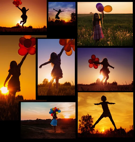 Collage mit Mädchen bei Sonnenuntergang — Stockfoto