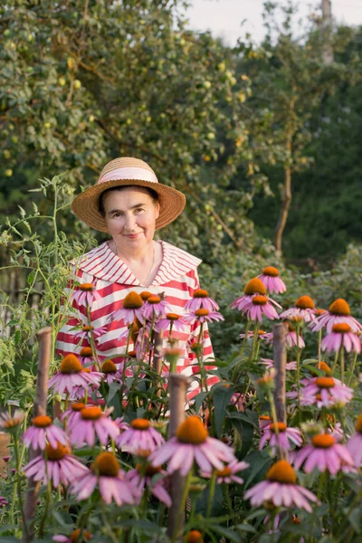 Äldre kvinnor med echinacea — Stockfoto