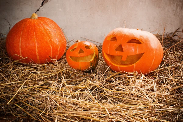 Calabaza de Halloween en la pared de fondo viejo —  Fotos de Stock