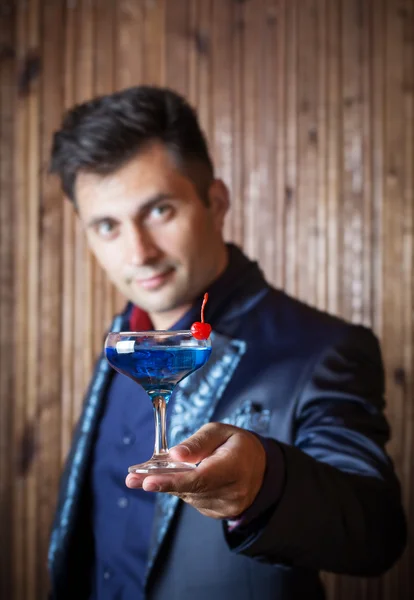 Young Man Holding Glass with Blue Drink — Stok Foto