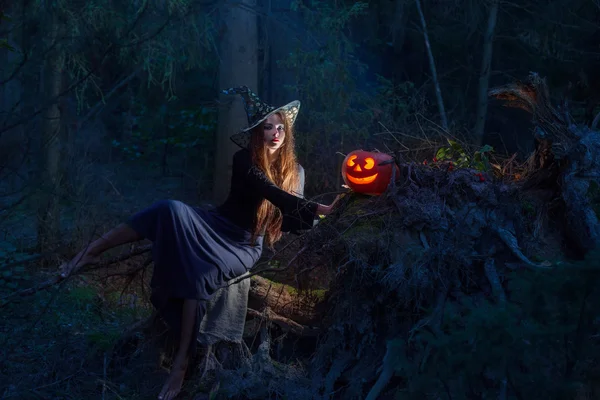 Belle sorcière avec une citrouille dans la forêt magique — Photo