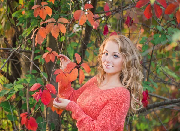 Krásná mladá žena chůze venku na podzim — Stock fotografie