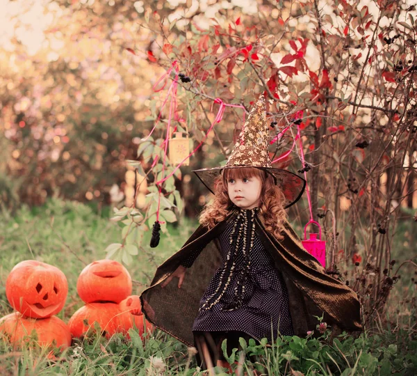 Маленькая девочка в костюме Хэллоуина с Джеком Тыквой — стоковое фото