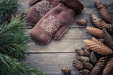 Mittens, koni ve ahşap zemin çam dalı