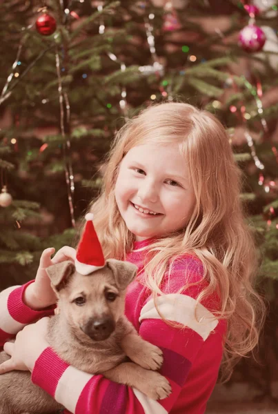 Meisje met kleine hond op achtergrond kerstboom — Stockfoto