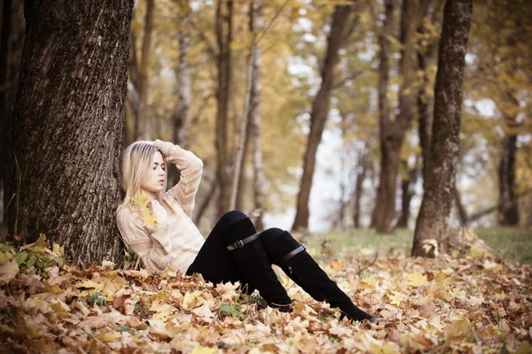 Beautiful elegant woman sitting in a park in autumn — Stock Photo, Image