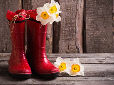 bahar çiçekleri Bahçe ayakkabılarla kırmızı çocuk