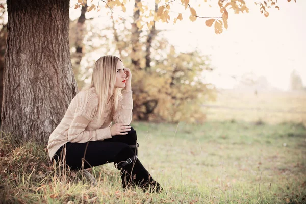 Beautiful elegant woman sitting in a park in autumn — Stock Photo, Image