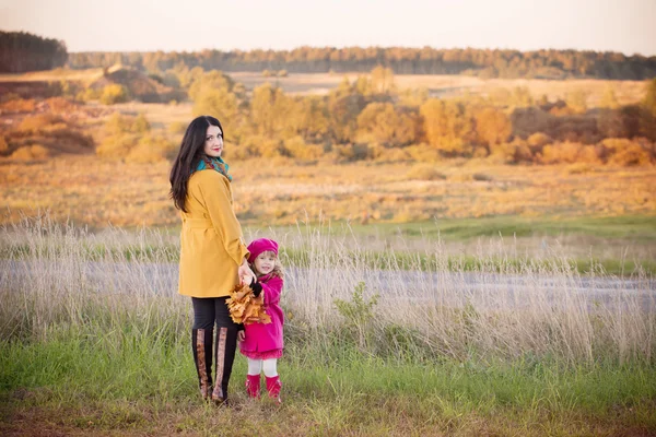 Kadın ve küçük kızı sonbahar alanda yürüyüş — Stok fotoğraf
