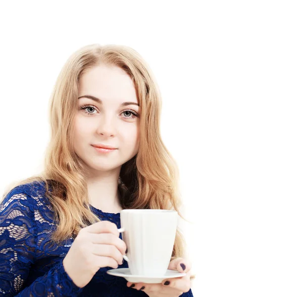 Hermosa chica con café aislado en blanco — Foto de Stock