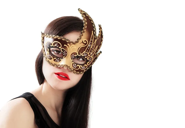 Beautiful young woman in golden venetian mask isolated on white — Stock Photo, Image