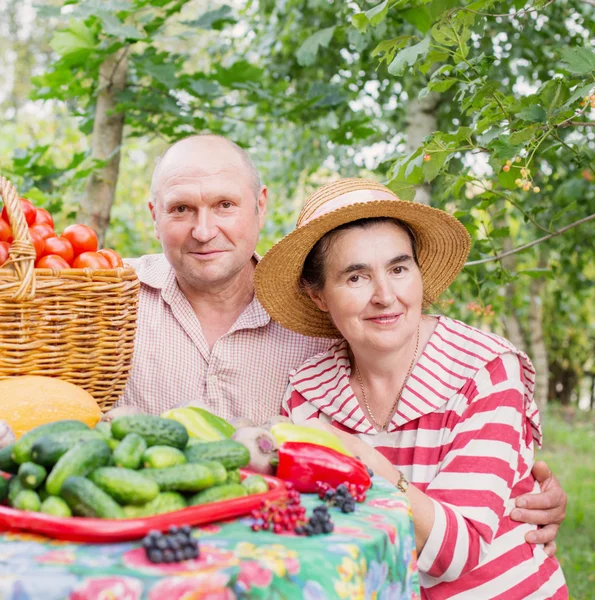 Pareja de ancianos con verduras al aire libre — Foto de Stock