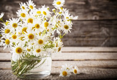 chamomiles ahşap arka plan üzerinde cam vazoda buket