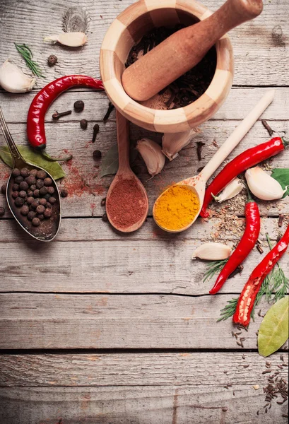 Colorful spices on a wooden background — Stock Photo, Image