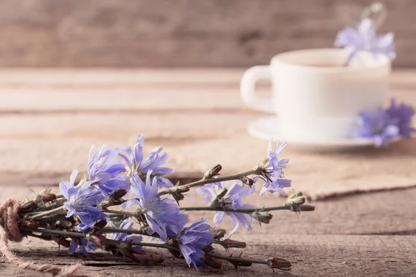 Tasse Tee mit Chicorée auf Holzgrund — Stockfoto