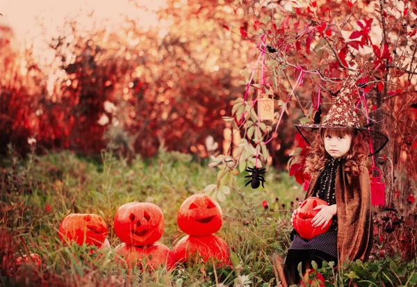 Little girl in halloween costume with jack pumpkin — Stock Photo, Image