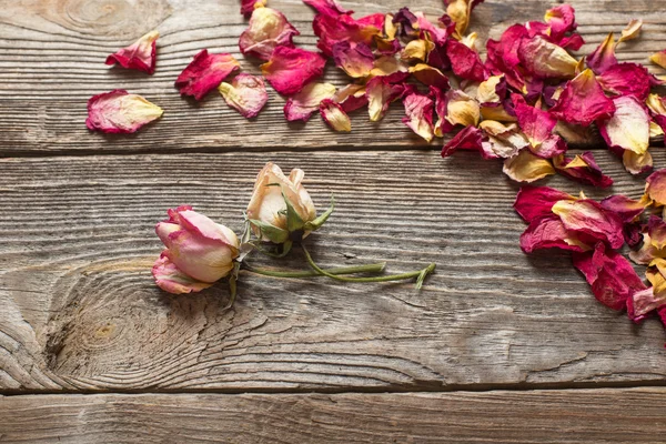 木制的桌子上干玫瑰花瓣 — 图库照片