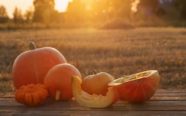 Pumpkins on wooden table outdoor — Stock Photo, Image
