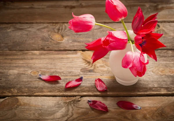 Red tulips on old dark background — Stock Photo, Image