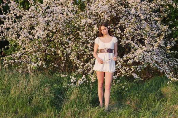 Hermosa joven sobre fondo floreciente manzano — Foto de Stock