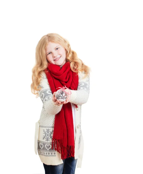 Happy girl with Christmas ball isolated on white — Stock Photo, Image