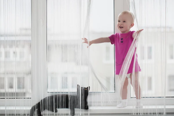 Gato y niña mirando por la ventana — Foto de Stock