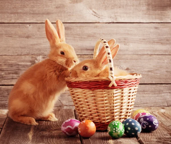 复活节彩蛋上木制背景兔 — 图库照片