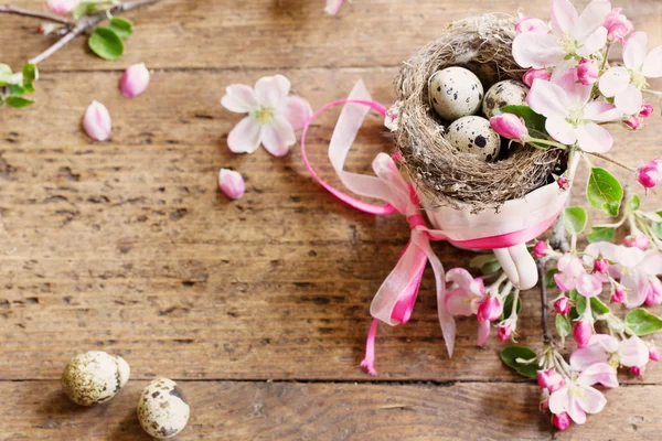 ピンクの花と巣の中の卵します。 — ストック写真
