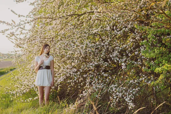 Menina bonita no fundo floração macieira — Fotografia de Stock