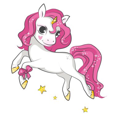 Küçük pembe gülümseyen tek boynuzlu at. Tasarımınız için güzel bir resim.