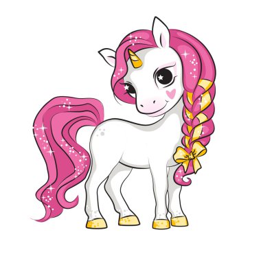 Küçük pembe gülümseyen tek boynuzlu at. Tasarımınız için güzel bir resim.