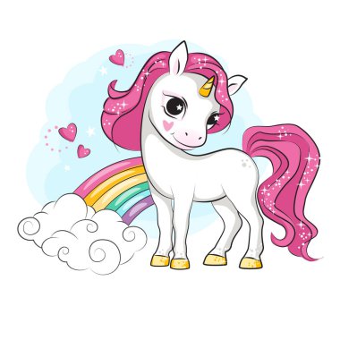 Küçük gülümseyen tek boynuzlu at ve gökkuşağı. Tasarımınız için güzel resim.