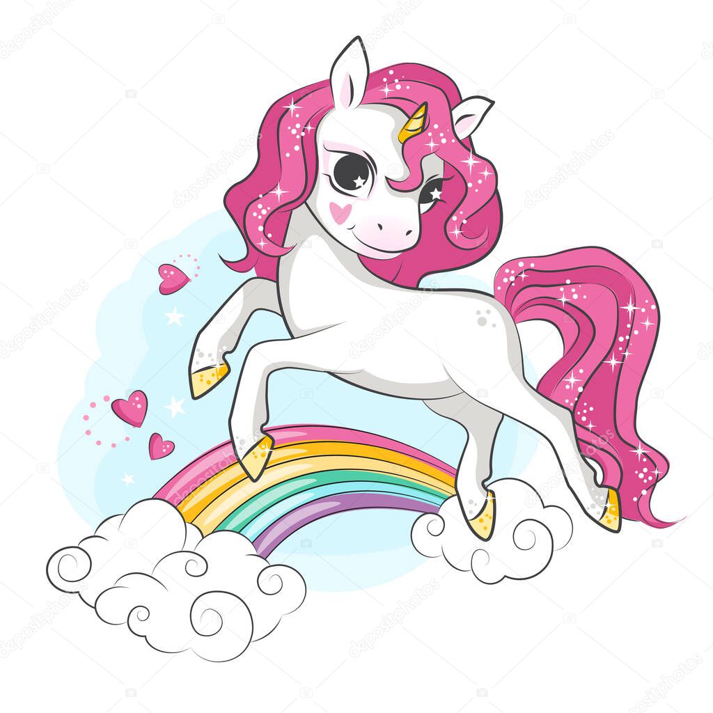  Cute little unicorn with pink mane flying over the rainbow.  Beautiful picture for your design.