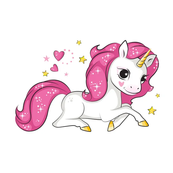 Unicorn Kecil Yang Lucu Terletak Perutnya Terisolasi Gambar Yang Indah - Stok Vektor