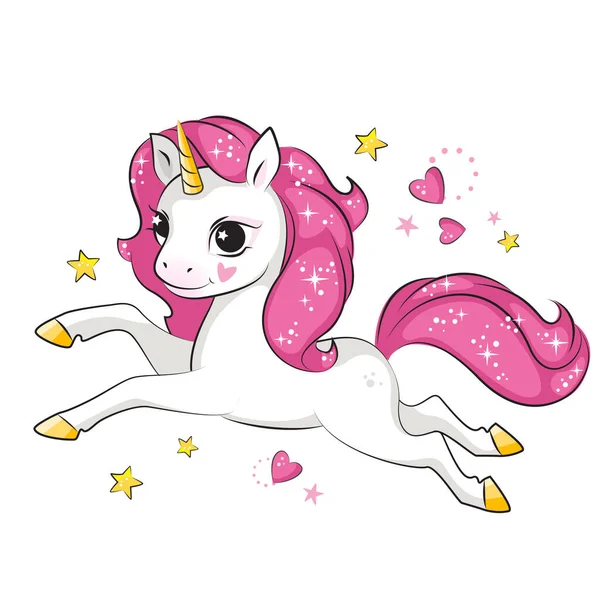 Unicorn Kecil Yang Lucu Dengan Surai Merah Muda Terisolasi Gambar - Stok Vektor
