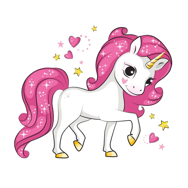 Jolie Petite Licorne Avec Crinière Rose Saluant Votre Isolé Belle — Image vectorielle