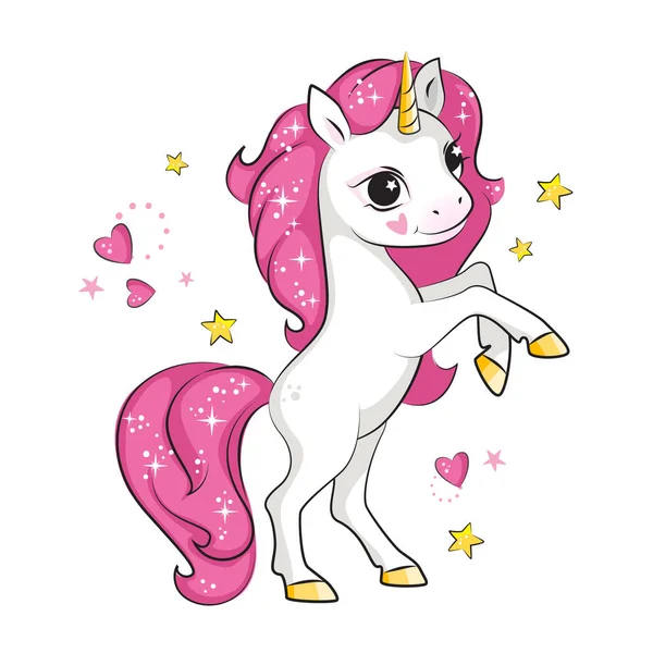 Jolie Petite Licorne Avec Crinière Rose Debout Sur Ses Pattes — Image vectorielle