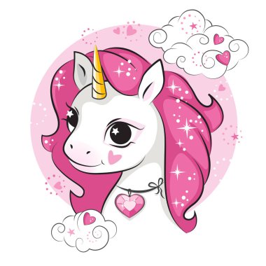 Beautiful portrait of unicorn and clouds. Cute little smiling unicorn with a heart shaped magic crystal on his neck.  Picture for your design.  