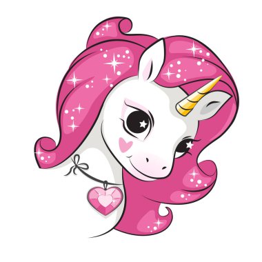 Beautiful portrait of unicorn and clouds. Cute little smiling unicorn with a heart shaped magic crystal on his neck.  Picture for your design.  Isolated.