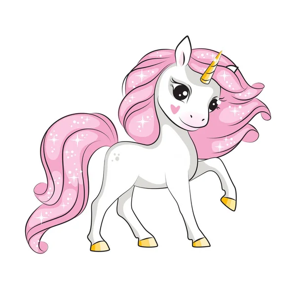 Belle Illustration Jolie Petite Licorne Souriante Avec Crinière Rose Saluant — Image vectorielle