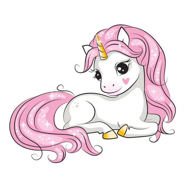 Pequeño Unicornio Lindo Yace Sobre Estómago Aislado Hermosa Imagen Para — Vector de stock