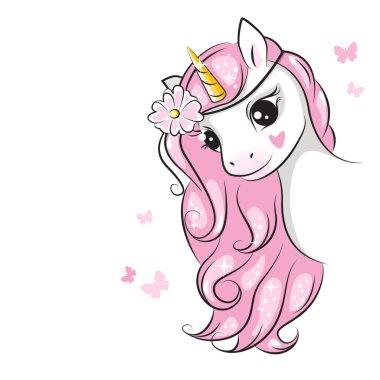  Pembe yeleli ve başında çiçek çelengi olan küçük bir tek boynuzlu at. Tasarımın için güzel bir resim. Beyaza el çizimi çizimi. İzole edilmiş.