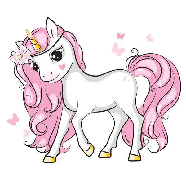 Belle Illustration Mignon Petit Sourire Licorne Avec Une Couronne Fleurs — Image vectorielle