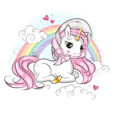 Kafasında güzel bir şapkayla gülümseyen şirin tek boynuzlu atın tasviri. Gökkuşağı ve bulutlar. Tasarımınız için el çizimi illüstrasyon.