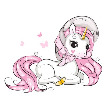 Kafasında güzel bir şapkayla gülümseyen şirin tek boynuzlu at tasviri. Tasarımın için el çizimi ilmişti.