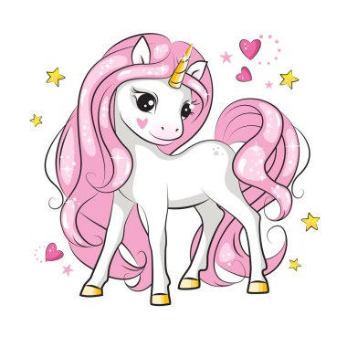 Pembe yeleli şirin, gülümseyen tek boynuzlu atın güzel bir çizimi. Çocuk geçmişi. Sihirli midilli. Tasarımınız için el çizimi illüstrasyon.