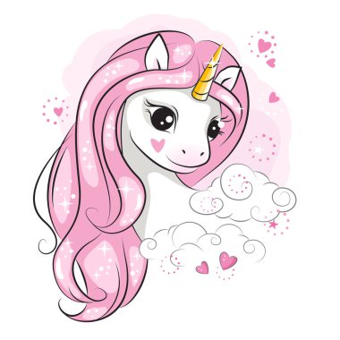  Pembe yeleli ve bulutlu küçük tek boynuzlu at. Tasarımın için güzel bir resim. Çocuk geçmişi. Sihirli midilli. Beyaza el çizimi çizimi. İzole edilmiş.