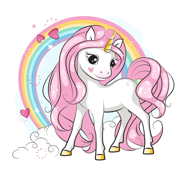 Carino Unicorno Sorridente Con Criniera Rosa Arcobaleno Illustrazione Disegnata Mano — Vettoriale Stock