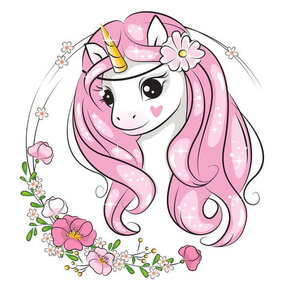 Retrato Lindo Unicornio Con Una Corona Flores Cabeza Hermosa Imagen — Vector de stock