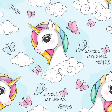 Tatlı, sihirli tek boynuzlu atın, bulutların ve kelebeğin kusursuz deseni. Çocuklar için renkli bir illüstrasyon Duvar kağıdı tekstil ve hediye kağıdı.